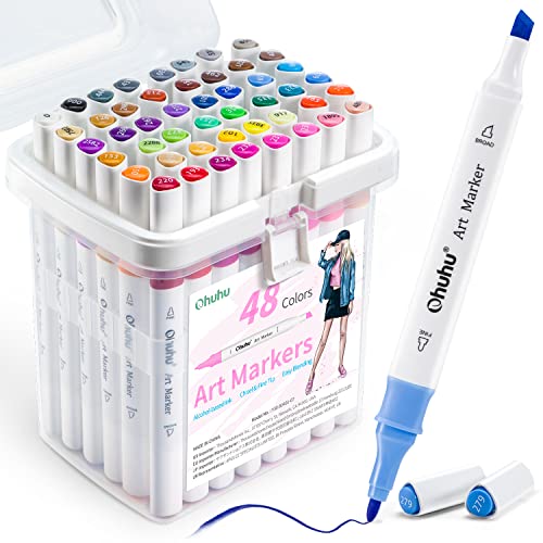 Ohuhu Markers, 48-color Double Tipped Alcohol Markers, Chisel & Fine Alcohol-based Art Marker Set for Adults Coloring Illustration, Great Value Pack for Students' Art Class, Better Designed Grip - color: Illustration Tones, size: 1 Count (Pack of 48)