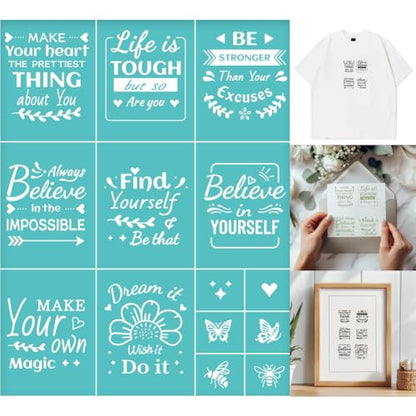 2 Sheets Positive Words Borders Silkscreen Stencil, Reusable Self-Adhesive Silk Screen Printing Inspirational Mesh Transfers Stencil for Wall Border Wood Fabric Home Craft Decor - style: Inspirational Words