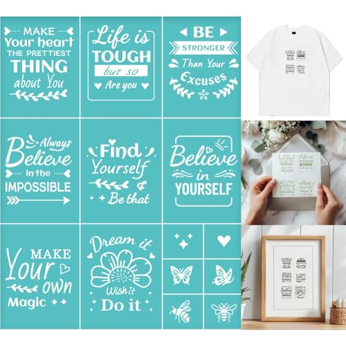 2 Sheets Positive Words Borders Silkscreen Stencil, Reusable Self-Adhesive Silk Screen Printing Inspirational Mesh Transfers Stencil for Wall Border Wood Fabric Home Craft Decor - style: Inspirational Words