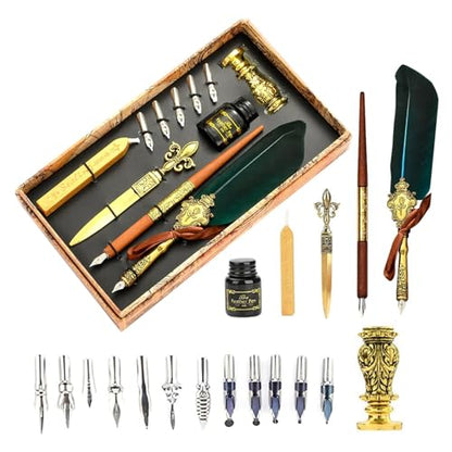 Joyeee Antique Feather Quill Pen Set, with Sealing Wax for Envelopes, Wax Stamp, Handcrafted Dip Pen, Envelopes, Dip Pen Nibs, Writing, Retro Gift Box, Beautiful Birthday Gift, Dark Green - color: #110 Dark green