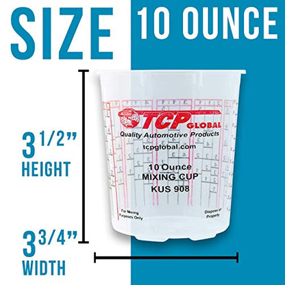 Custom Shop/TCP Global Full Case of 100 Cups with 50 Lids - 1/2 Pint (10oz) Paint Mixing Cups - Cups Have Calibrated Mixing Ratios on Side of Cup