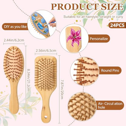 DoubleFill 24 Set DIY Bamboo Hair Brush Crafts Kit Wooden Hairbrush Bulk Gifts Bamboo Paddle Hairbrush for Painting Make Your Own Brush Craft Gift for Massaging Scalp Thick Thin Curly and Dry Hair
