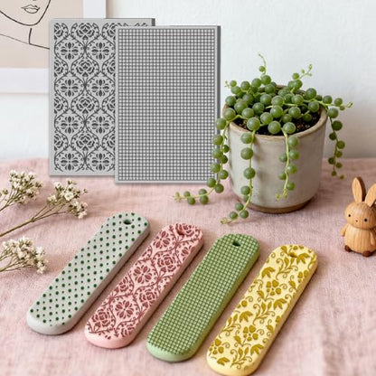 4 Sheets Simple Polka Dots Grids Pattern Polymer Clay Texture Sheet Vintage Flowers Patterns Rubber Clay Texture Mat for Polymer Clay Making Earrings Jewelry DIY Crafts 4 × 2.5 Inch - style: Polka Dots Grids