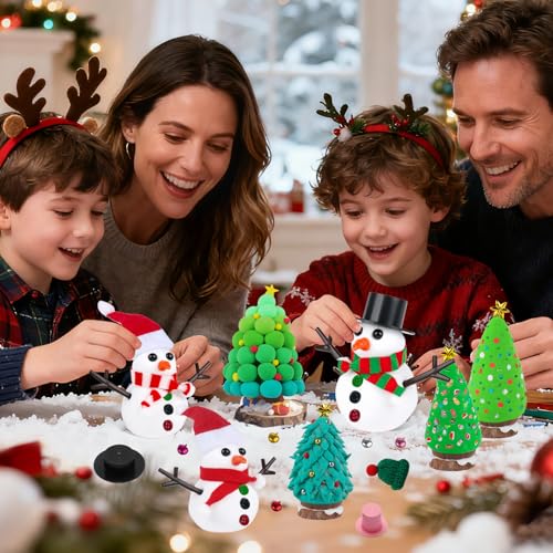 FIIOEOY 24 Pack Build a Snowman & Christmas Trees Clay Kit for Kids – Colorful Air Dry Clay Christmas Craft Set, Modeling Craft DIY Set, 2-in-1 Snowman Tree Activity, Creative Xmas Gift for Boys Girls