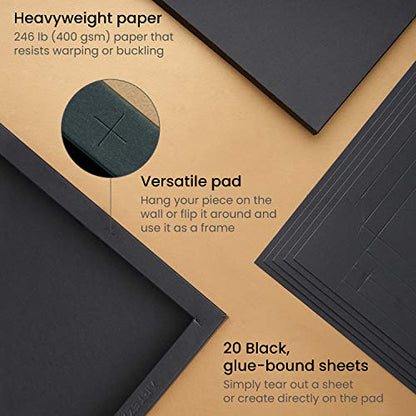 ARTEZA Mixed Media Paper Foldable Canvas Pad, 9.5x9.5 Inches, 20 Sheets, Black Paper