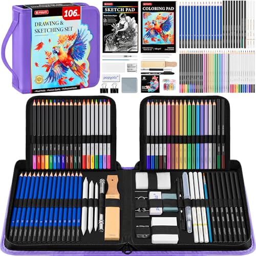 106 Pack Art Supplies Sketching Kit with 3-Color Sketchbook, Coloring Book, Tutorial, Graphite Colored Charcoal Watercolor & Metallic Pencils, Drawing Supplies Gift Case for Artists Beginners Adults - color: Purple, size: 106 Pack