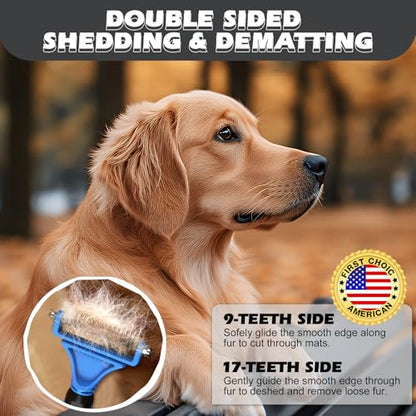 3PCS Pet Grooming Rake & Metal Comb & Flea Comb for Cats and Dogs, Double-Sided Dematting Tool, Extra-Wide Deshedding Dog Brush for Long Hair to Effectively Remove Tangles, Knots and Mats (Blue)