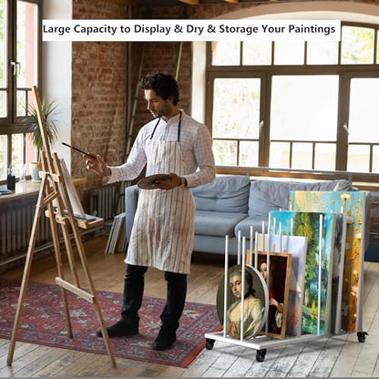 Rolling Art Canvas Storage Rack on Wheels, Adjustable Metal Framed Artwork Drying Holder, Large Vertical Picture Frame Display Stand for Painting Boards, Framed Picture, Shipping Box (White) - color: White
