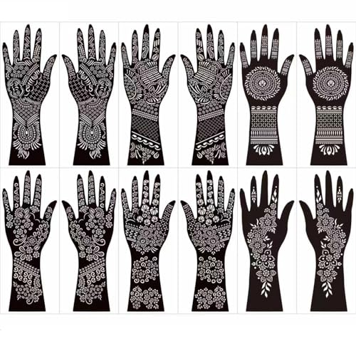 Henna Tattoo Stencil Kit, 12 Sheets Temporary Tattoo Templates for Hand,Large Indian Temporary Tattoo Stickers