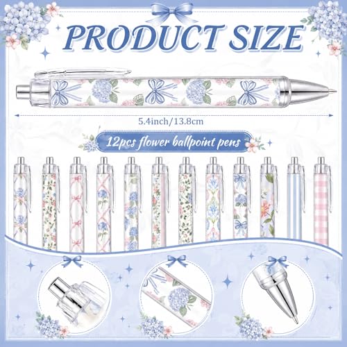 Motiskyy 24 Pcs Blue Hydrangea and Bow Floral Pens Flower Ballpoint Pens Flower Notepads Set Design Line Notebook Employee Gifts Set for Student School Office Supplies, Back to School Gift - style: Pink and White