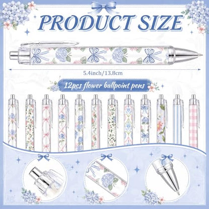 Motiskyy 24 Pcs Blue Hydrangea and Bow Floral Pens Flower Ballpoint Pens Flower Notepads Set Design Line Notebook Employee Gifts Set for Student School Office Supplies, Back to School Gift - style: Pink and White