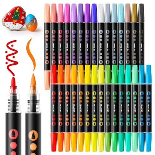 SUNEE 30 Colors Acrylic Paint Markers, Dual Tip Bullet & Brush Paint Pens with Automatic Ink Control System, Art Supplies for Adults & Teens, for Rock, Wood, Canvas, Glass Creative Projects - color: 30 colors bullet&brush tips