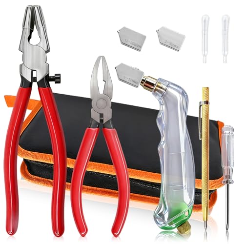 10pcs Heavy Duty Glass Cutting Tool Kit, Curve Jaw Glass Running Pliers Breaker Grozer Pliers, Pencil Style Oil Feed Carbide Tip Glass Cutter for Stained Glass Mosaics Mirror Tiles Breaking