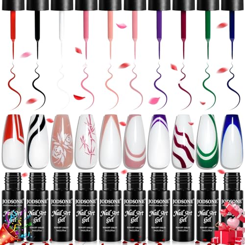 JODSONE Nail Art Gel Liner Set 10 Colors White Red Black White Gel Nail Polish Need U V Lamp Cured with Thin Brush,Gifts for Women - color: 10colors set-2