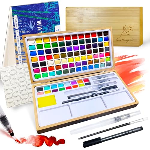Watercolor Paint Set,100 Colors in Nature Bamboo Box,Portable Water Colors Kit with Papers and Brush Pens,Great for Kids Adults Beginners & Professionals（bamboo） - style: Slogan