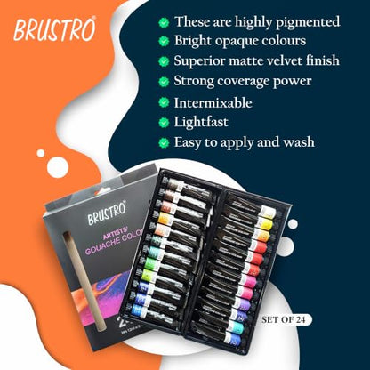 BRUSTRO Artists Gouache Colour Set of 24 Colours X 12ML Tubes