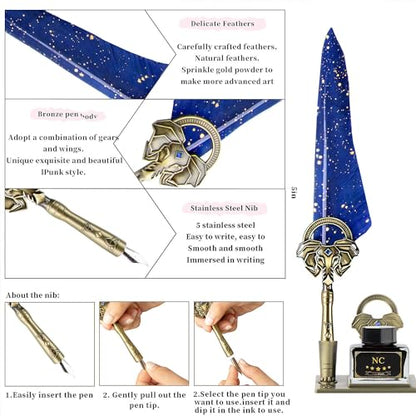 NC Quill Pen Ink Set - Blue, with Pen, Notebook, 5 Nibs, Ink, Holder, Stamp, Spoon, Wax Beads, Envelopes and Paper - Beautiful Gift Calligraphy Set - color: Blue