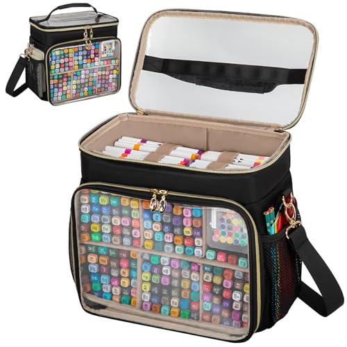 Large Marker Organizer Case for 200-300 Markers, Double-Layer Marker Bag with Removable Dividers, Marker Organizer for Markers, Pencils, Crayons or Other Art Supplies, Black (Bag Only) - color: Black