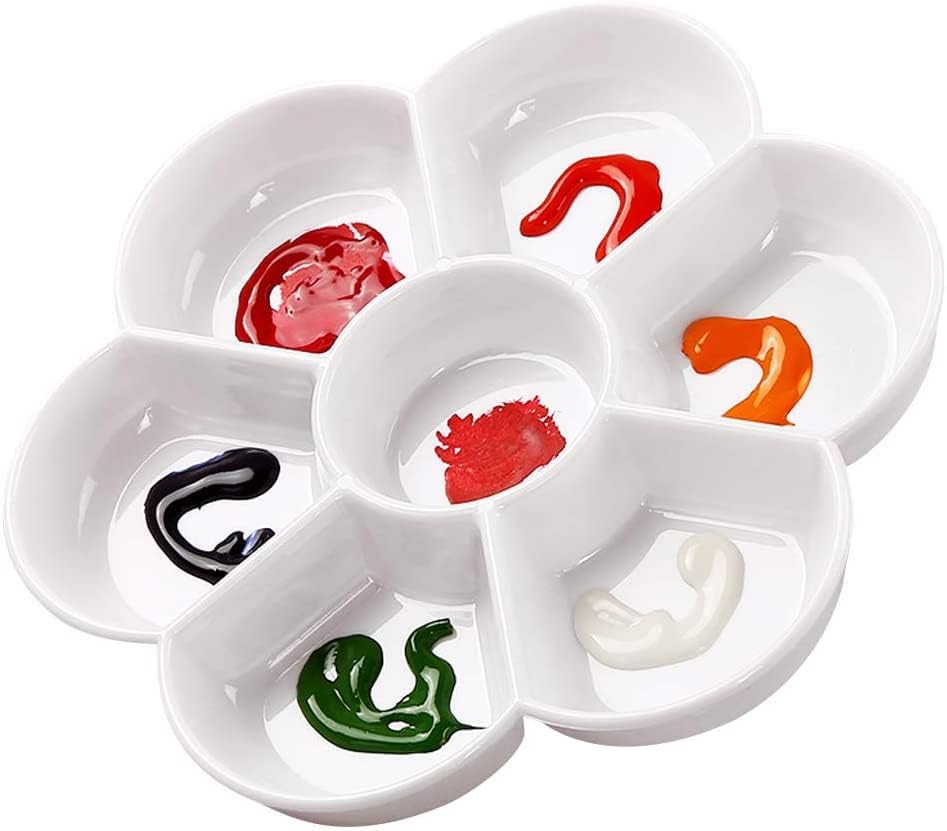 Petal Plastic Palette Painting Dish 7 Well Flower Paint Tray Watercolor Painting Mixing Palette for Oil Acrylic Watercolor Gouache,Easy Wash, Paint Palette (White) - color: White