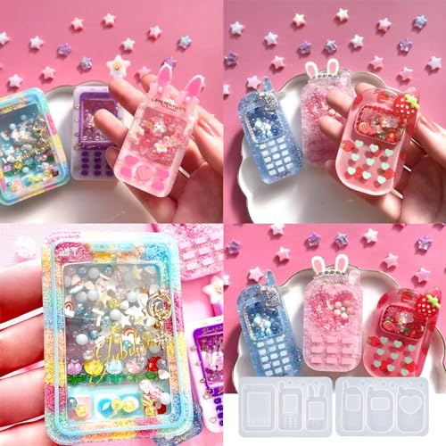 FUNSHOWCASE Resin Shaker Molds Set Mobile Phones Keychain Charm Pack of 8 Silicone Trays Seal Films Precision Tip Applicator Bottle Kit Bundle - color: Mobile Phones Craft Pack of 8
