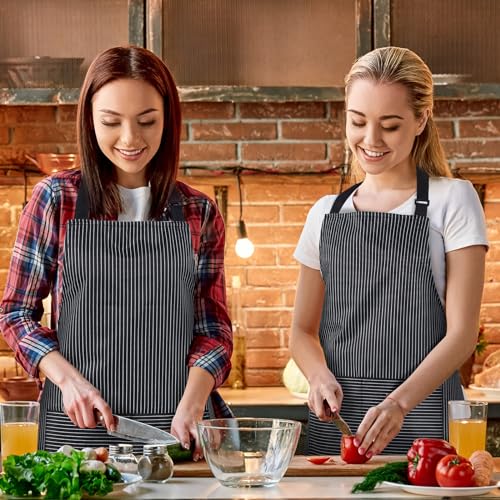 Handepo 4 Pcs Kitchen Aprons with Pockets Adjustable Waterproof Cotton Aprons Striped Apron for Women Men Chef Gift for Dad - color: Black