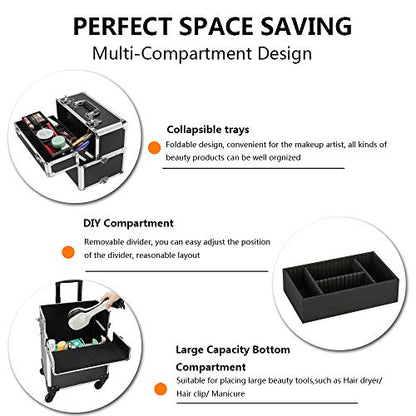 mefeir 3 in 1 Rolling Makeup Train Case, Aluminum Makeup Travel Organizer Cosmetic Case, Cosmetology Display Suitcase on Wheels, Beauty Storage Luggage Lockable w/4 Removable Wheels, Black - color: Black