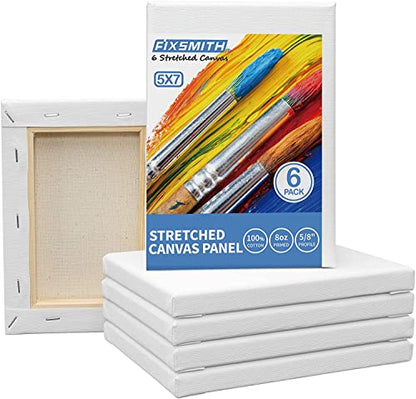 FIXSMITH Stretched White Blank Canvas- 5x7 Inch,6 Pack,Primed,100% Cotton,5/8 Inch Profile of Economy Value Pack for Acrylics,Oils & Other Painting Media. - size: 5"x7"