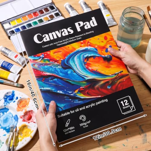 12 Sheets Canvas Paper Pad 12”x16”, 350 GSM Canvas Sheets Glue Bound Canvas Sketchbook for Adults and Students - Acrylic Painting, Oil Painting - size: 12”x16”