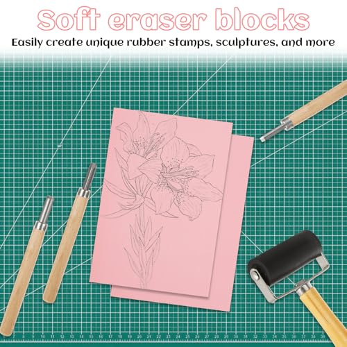 STARVAST 10PCS 4x6 Inch Linoleum Carving Blocks for Printmaking, Rubber Linocut Block Stamp Making Kit with Wood Carving Tools, Rubber Brayer Roller, Construction Platform, for DIY Crafts