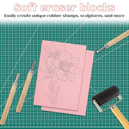 STARVAST 10PCS 4x6 Inch Linoleum Carving Blocks for Printmaking, Rubber Linocut Block Stamp Making Kit with Wood Carving Tools, Rubber Brayer Roller, Construction Platform, for DIY Crafts