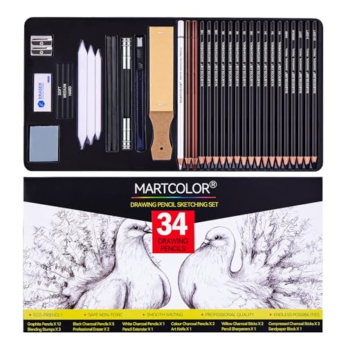 MARTCOLOR Drawing Sketching Pencils Set, 34 Pieces Pro Art Pencil Kit - Graphite Pencils (14B-4H), Charcoal Pencils, Charcoal Sticks, Artist Pencils for Beginners & Pro Artists