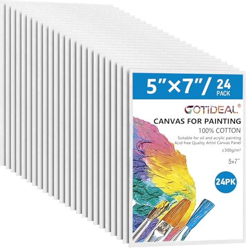 GOTIDEAL Canvases for Painting, 5x7 inch of 24, Professional Primed White Blank Flat Canvas Panels- 100% Cotton Artist Canvas Boards for Acrylics Painting, Oil Watercolor Tempera - size: 5“x7"