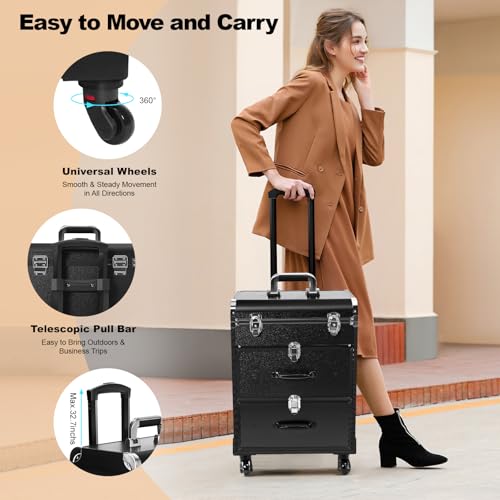 Lockable Makeup Train Case,110lbs Rolling Hairdressing Trolley,Beauty Salon Cosmetic Luggage with Universal Wheels for Hair Stylist,Make-up Artists,Hairdressers (Black 5) - color: Black 5