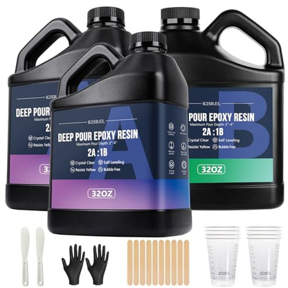 KISREL Deep Pour Epoxy Resin, 96OZ Resin Epoxy Kit (2:1) for 2-4 Inch Pour Depths，Bubble Free, Low Odour, Crystal Clear Casting Resin for Bar Tops, Table Tops, River Tables, Wood Fillers, Crafts - size: 0.75 gallon