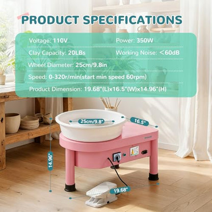 Bonoutil 10" Electric Pottery Wheel with Foot Pedal for Adults, Easy to Center Ceramic Forming Machine Max 20 lbs Capacity Clay Beginner's Art Sculpting Tools Kit for Home Use (Pink) - color: Pink