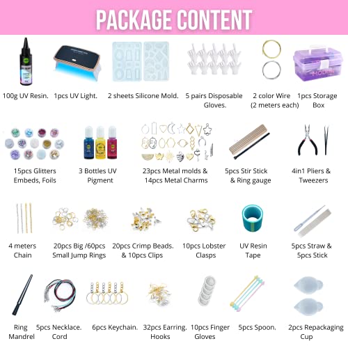 MODDA UV Resin Jewelry Making Kit, UV Lamp & Video Course Included, DIY Resin Kit for Adults, Teen Girls, Beginners with Molds, Glitters & Accessories - color: UV RESIN -JEWELRY MAKING KIT