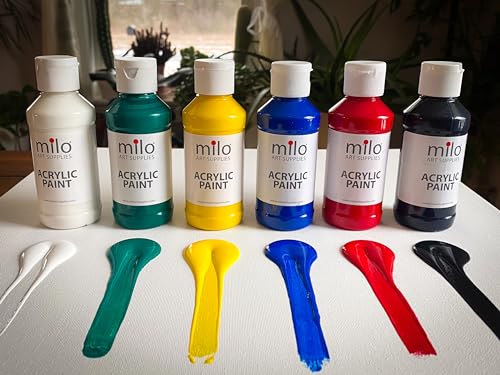 milo Acrylic Paint Set of 6 Colors | 4 oz Bottles | Student Primary Colors Acrylics Painting Pack | Made in the USA | Non-Toxic Art & Craft Paints for Artists & Hobby Painters - style: Primary Set 6 x 4 oz