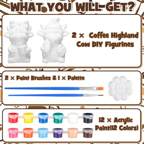 Poen 2 Set Coffee Highland Cow Ready to Paint Your Own Statue Sweet Coffee Lover Gift 4" Mini Paintable Ceramics Blank Cow Figurine Brush Palette Paint for Craft DIY Home Decor Adult Mother's Day - style: Coffee Highland Cow