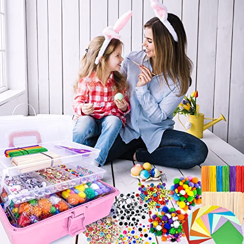 Jumbo Art and Craft Supplies for Boys and Girls, Toddler DIY Craft Art Supply Set Included Pipe Cleaners, Pom Poms, Feather, Folding Storage Box - All in One for Craft DIY Art Supplies (F0-Pink) - color: F0-Pink