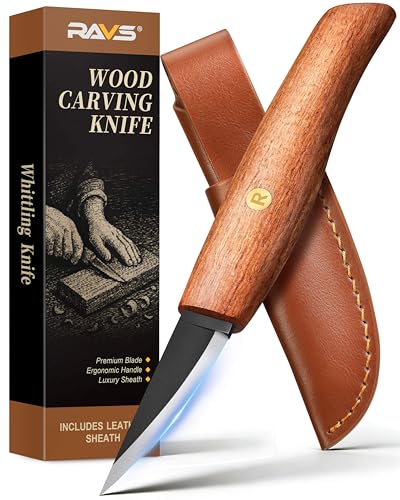 ravs Whittling Knife with Leather Sheath, Wood Carving Knife with High Carbon Steel Blade, Titanium Coating Sloyd Knife with Ergonomic Handle, Wood Carving Tools for Beginners & Professionals
