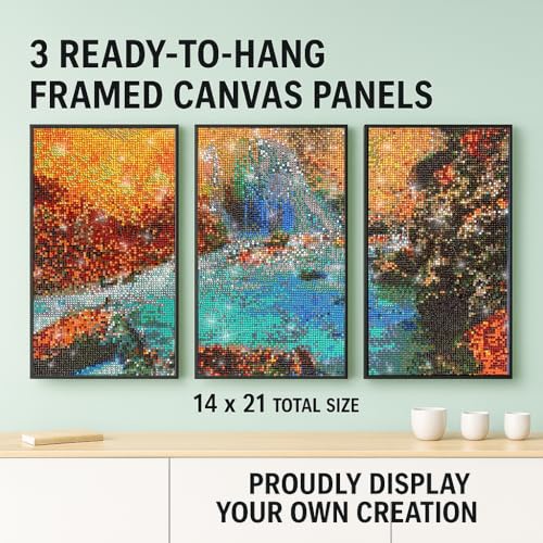 ArtSkills Diamond Painting Kit, Diamond Art on Framed Canvas with Gem Storage Case and Accessory Kit, Waterfall, 3 Stretched Canvas Panels, 14” x 7” Each - color: Waterfall