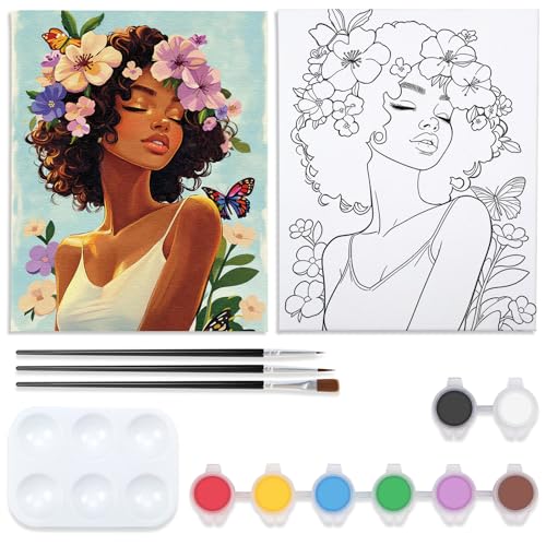 VOCHIC Pre Drawn Canvas for Painting for Adults Paint and Sip Kit Painting Party Supplies 8 Acrylic Colors,3 Brushes,1 Palette Art Set (Floral Lady, 8x10 in) - size: 8x10, style: Style 4