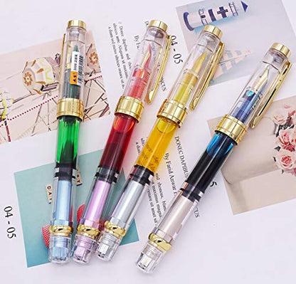 Lanxivi 4 Colors Yongsheng 3008A Fountain Pen Piston Filling Upgraded Fine Nib,Transparent Gold Trim - color: 3008A Gold Trim F