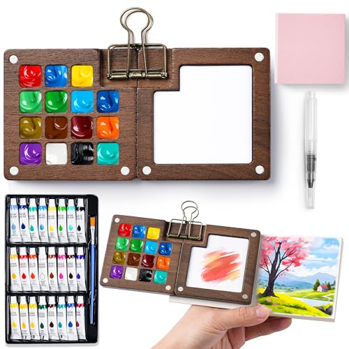 Mini Watercolor Paint Set, 24 Colors Portable Pocket Watercolour Travel Kit with 15 Grid Wood Paint Palette, Sketchbook, Metal Clip, Water Brush for Painters Artists Students - color: 15 Grids