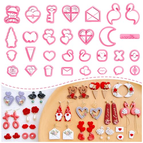 Keoker Valentines Polymer Clay Cutters for Earrings Making, 30 Shapes Valentines Clay Cutters for Polymer Clay Jewelry - color: A+B+C color