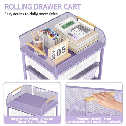 SYKIARIOL 4-Drawer Rolling Storage Cart with Mesh Top, Utility Craft Organizer Cart on Wheels with DIY Labels, Rolling Drawer Cart for Home Office Classroom Bedroom, Purple - color: Purple