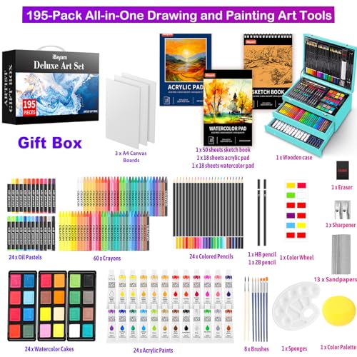 iBayam Arts and Crafts Kits for Adult, 195-Pack Deluxe Art Set Box with 3 PCS Drawing Pads, Canvases, Acrylic Painting, Drawing & Art Supplies for Pumpkin, Halloween, Christmas - color: Teal