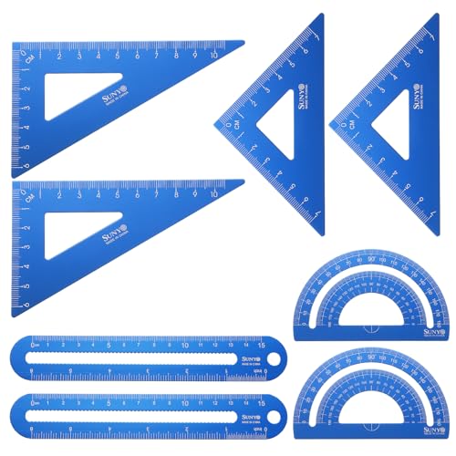 HARFINGTON 8pcs Triangular Ruler Set 15cm/6" Aluminum Alloy Straight Geometric Protractor Triangle Engineering Scale Drafting Ruler Kit Measuring Drawing Tool for Classroom Office Home, Blue - color: Blue