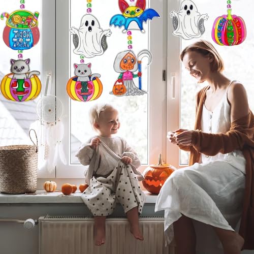 Ayhuhra 30 Sets Halloween Suncatcher Keychains Craft DIY Window Paint Art Suncatchers Witch Pumpkin Bat Cat Ghost Trick or Treat Sun Catchers for Halloween Activities Art Project - style: Halloween
