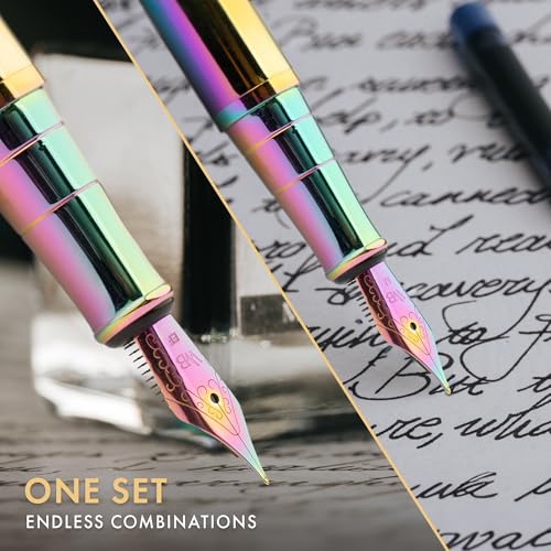 Wordsworth & Black Fountain Pen Set, 18K Gilded Medium and Extra Fine Nib, 25ML Black Ink Bottle, 6 Ink Cartridges,Refill Converter, Gift Box,Smooth Writing Pens [Rainbow],Gift Set for Men and Women - color: Rainbow